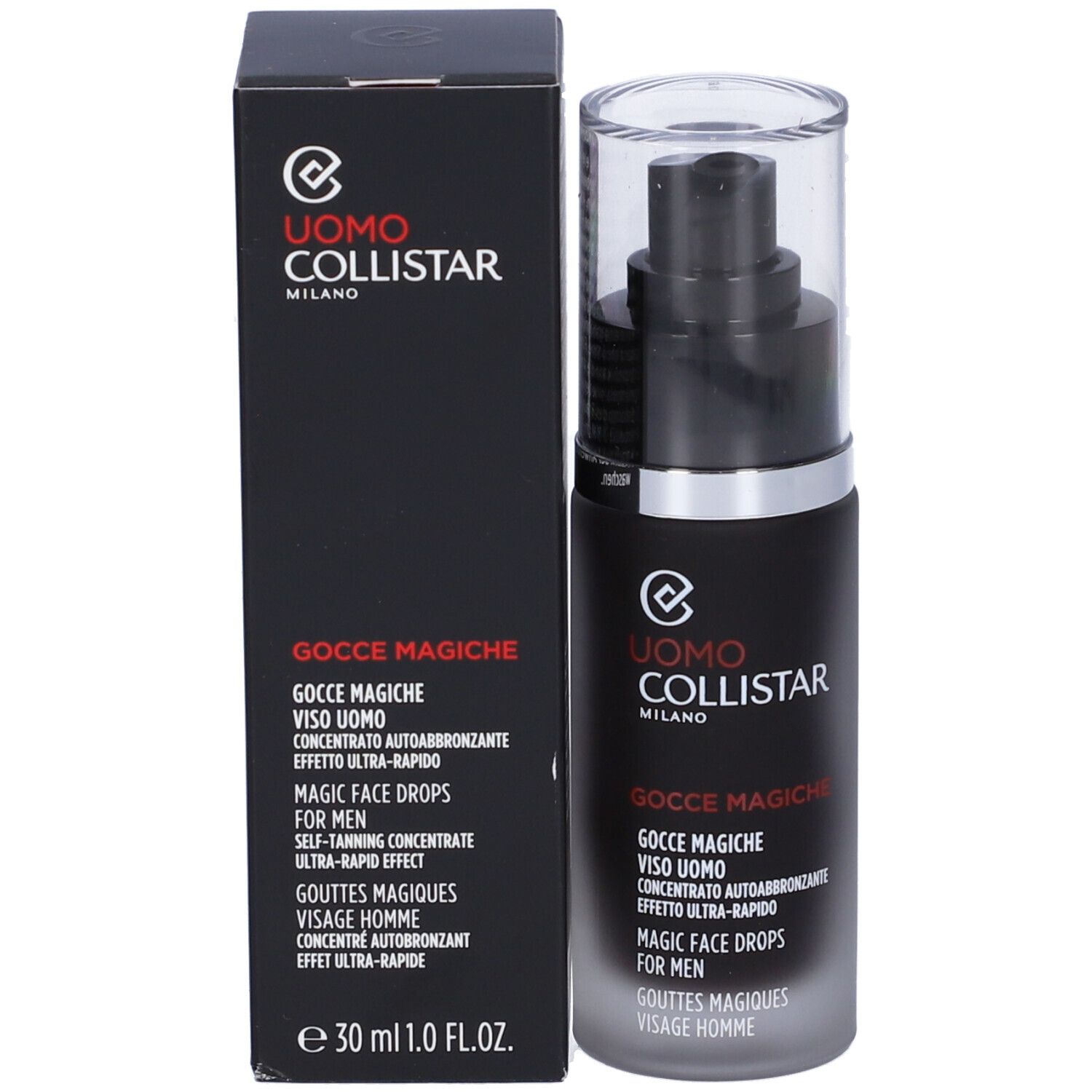 Flacone e confezione. Flacone nero con vaporizzatore. Scritte: Uomo Collistar Milano, Gocce Magiche Viso Uomo.