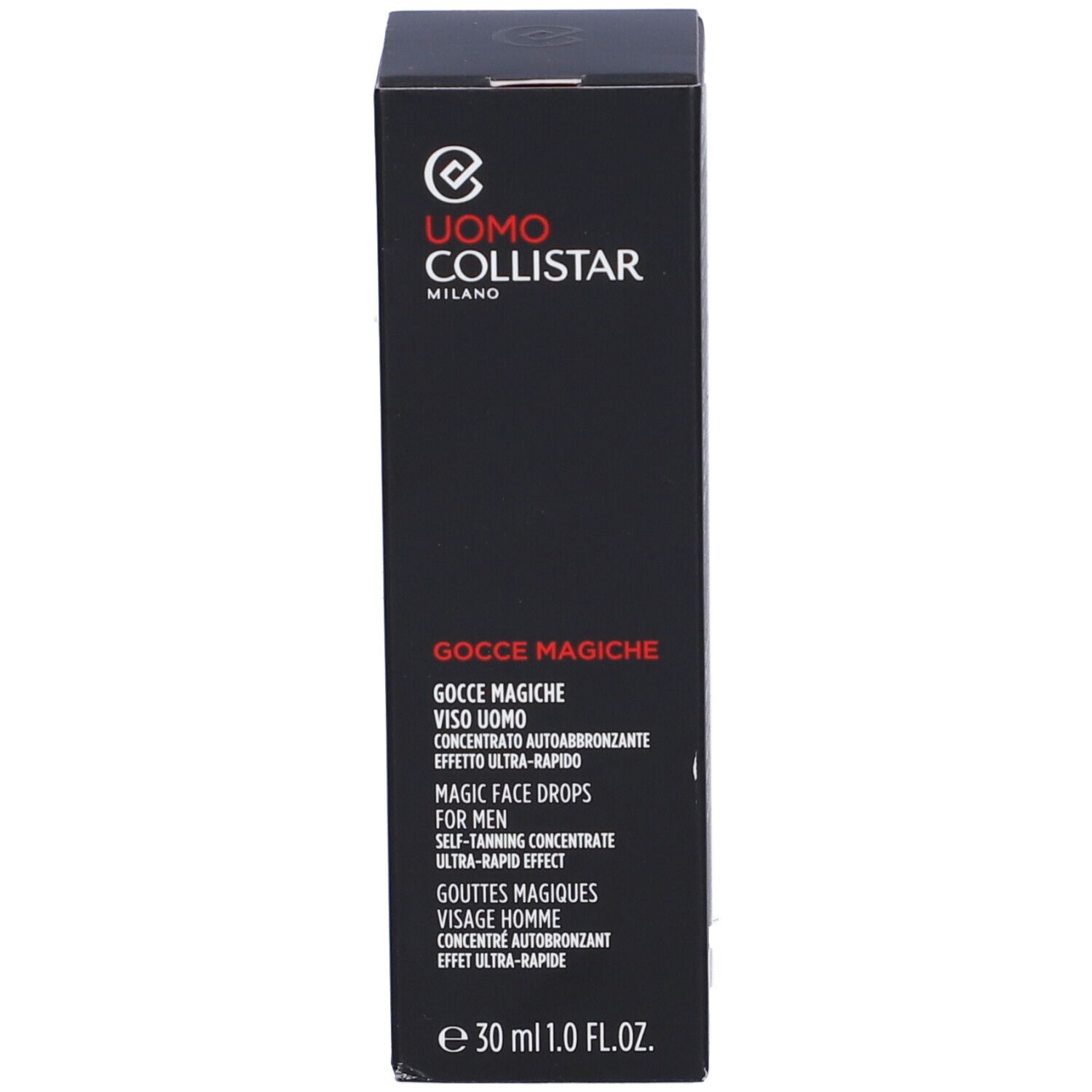 Confezione nera. Scritte: Uomo Collistar Milano, Gocce Magiche Viso Uomo, Magic Face Drops for Men. Volume: 30 ml.