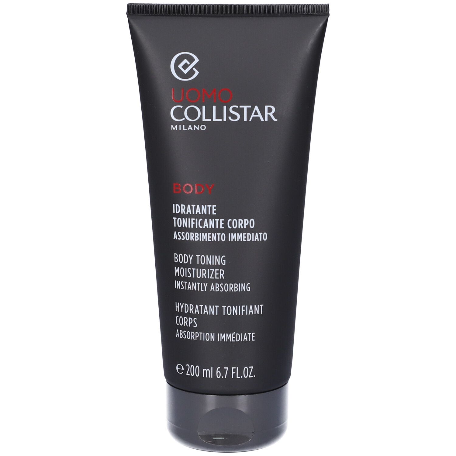 Tubo nero con testo bianco. Logo e scritta Collistar in alto. Sotto: Body Idratante Tonificante Corpo.