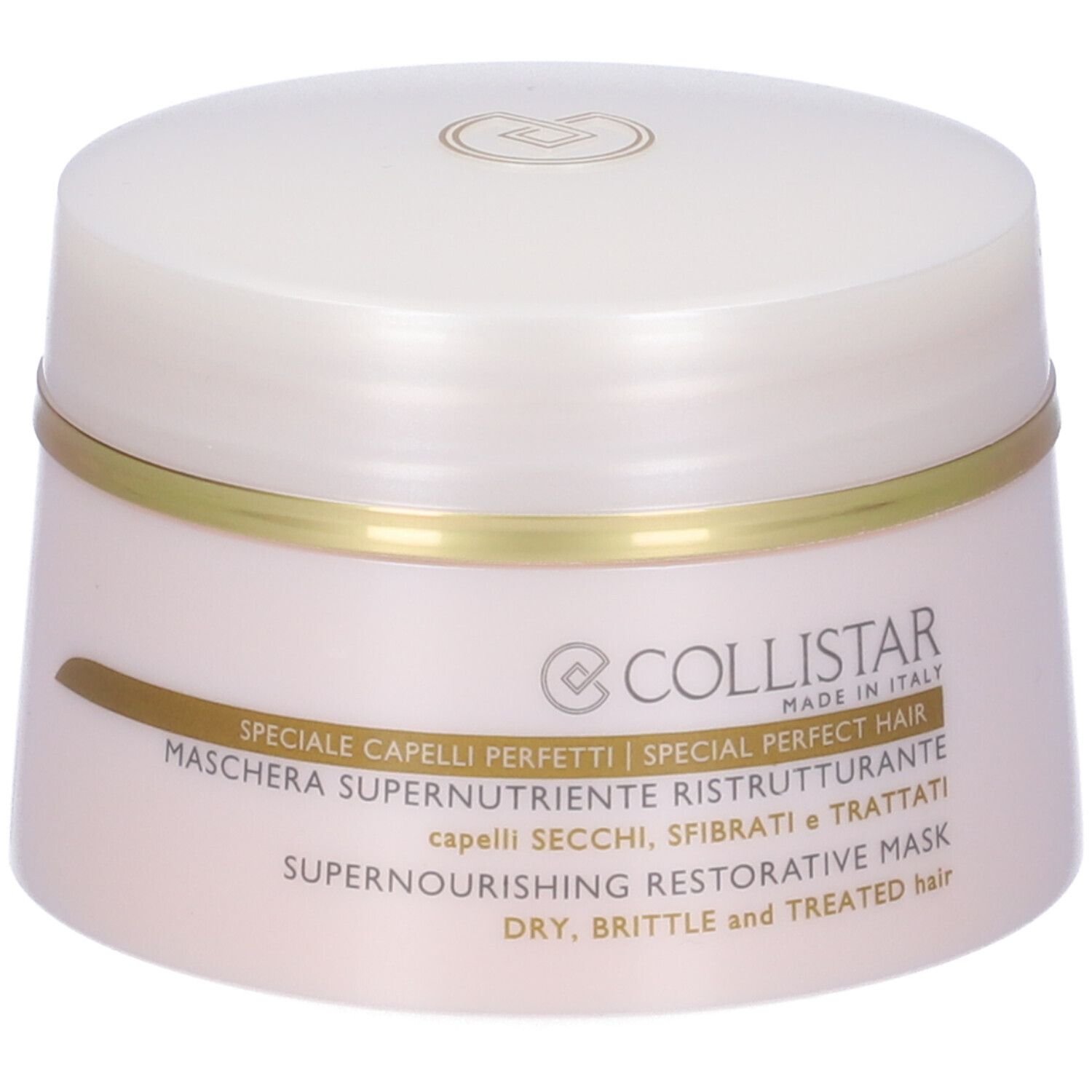 Vaso di crema con coperchio. Scritta: COLLISTAR, Maschera Supernutriente Ristrutturante. Per capelli secchi, sfibrati.