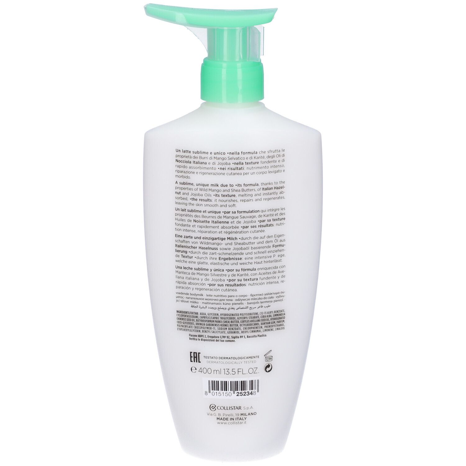 Retro di un flacone bianco con dosatore verde. Testo multilingue. Scritta: Collistar Milano, 400 ml, 13.5 FL. OZ.
