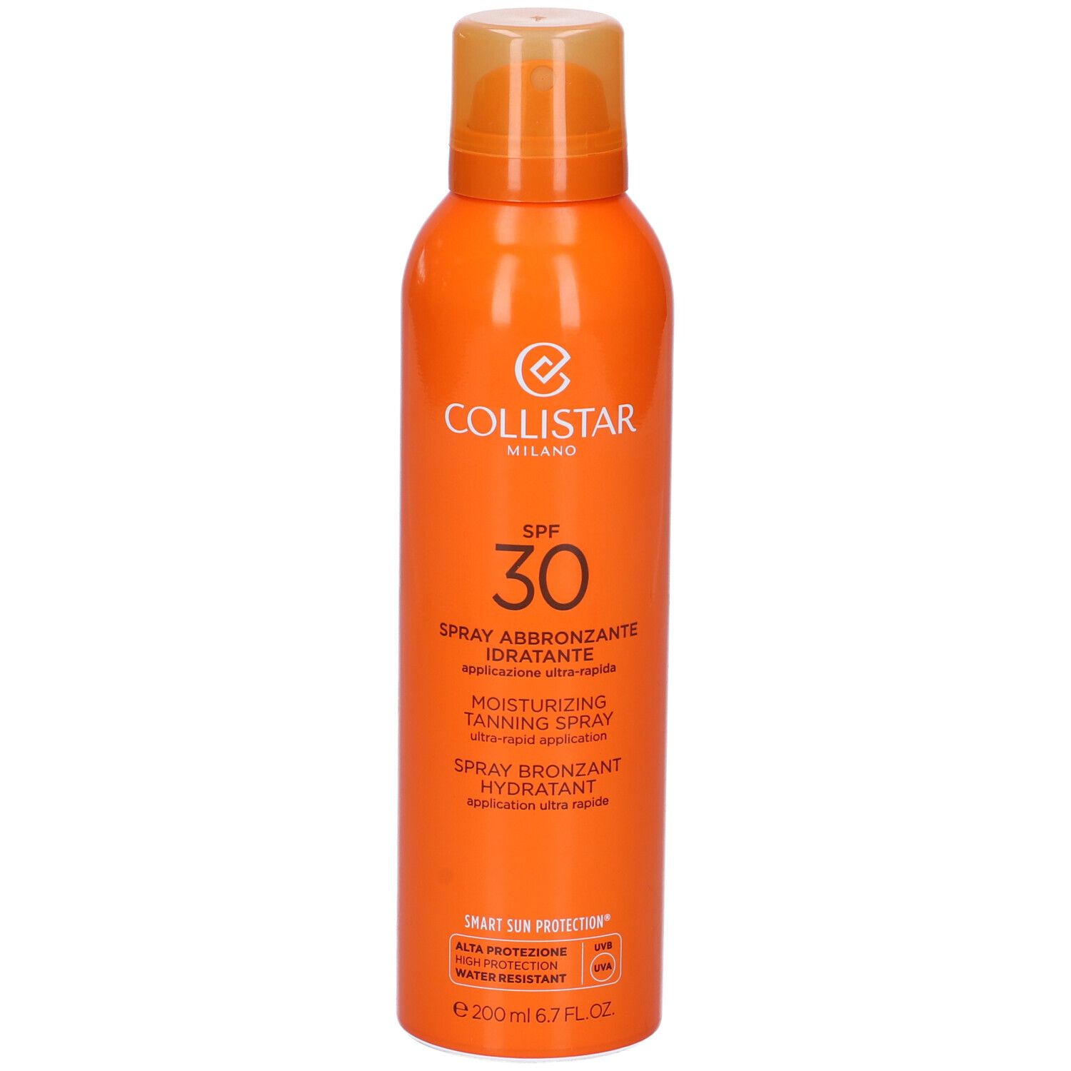 Flacone spray arancione con Collistar Milano, SPF 30, Spray Abbronzante Idratante. 200 ml.
