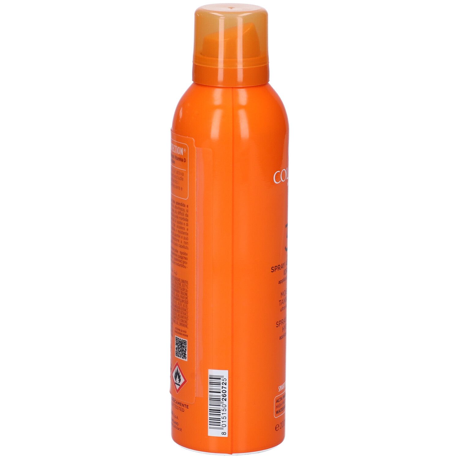 Flacone spray arancione. Scritte e codice a barre sul retro. Contiene informazioni e avvertenze.