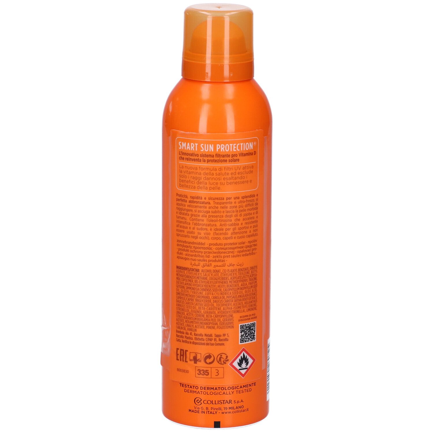 Retro di un flacone spray arancione. Informazioni testuali, avvertenze e loghi.
