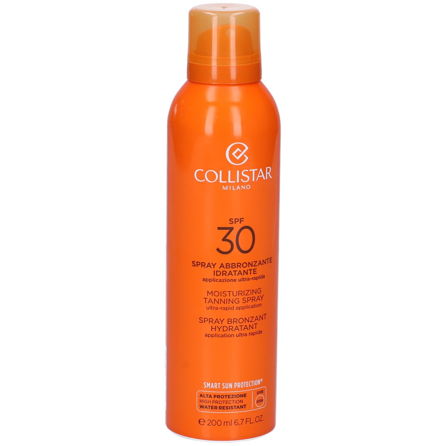 Flacone spray arancione con Collistar Milano, SPF 30, Spray Abbronzante Idratante. 200 ml.