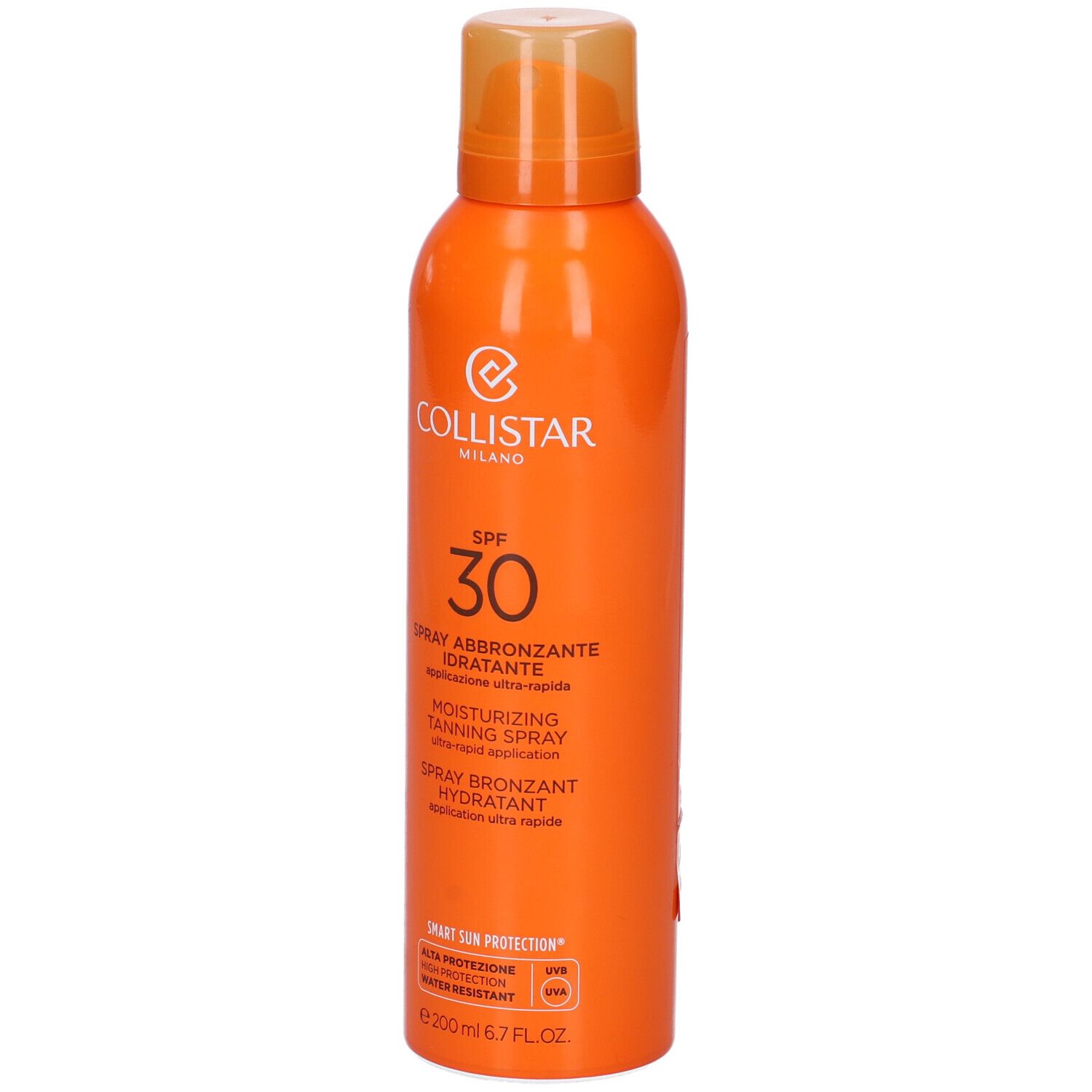 Flacone spray arancione con Collistar Milano, SPF 30, Spray Abbronzante Idratante. 200 ml.