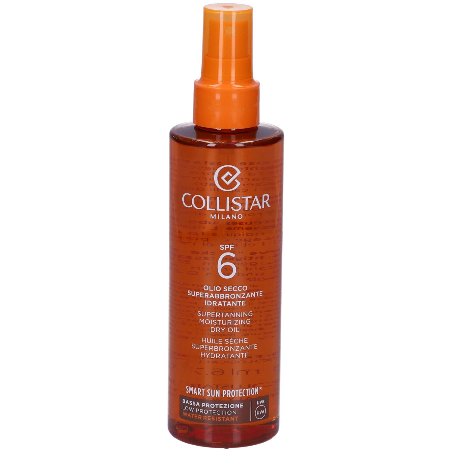 Flacone spray marrone con erogatore arancione. Scritta: Collistar Milano, SPF 6, Olio Secco Superabbronzante Idratante.