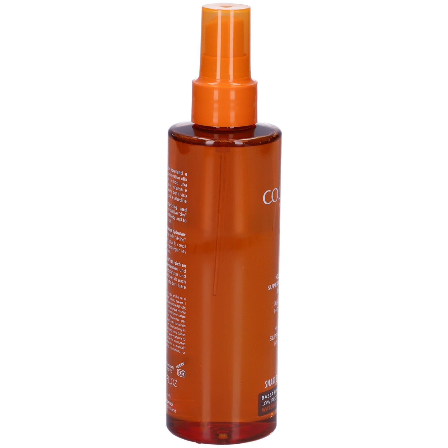 Flacone spray marrone con erogatore arancione. Retro con testo. Scritta: Collistar Milano, SPF 6, Olio Secco Superabbronzante Idratante.
