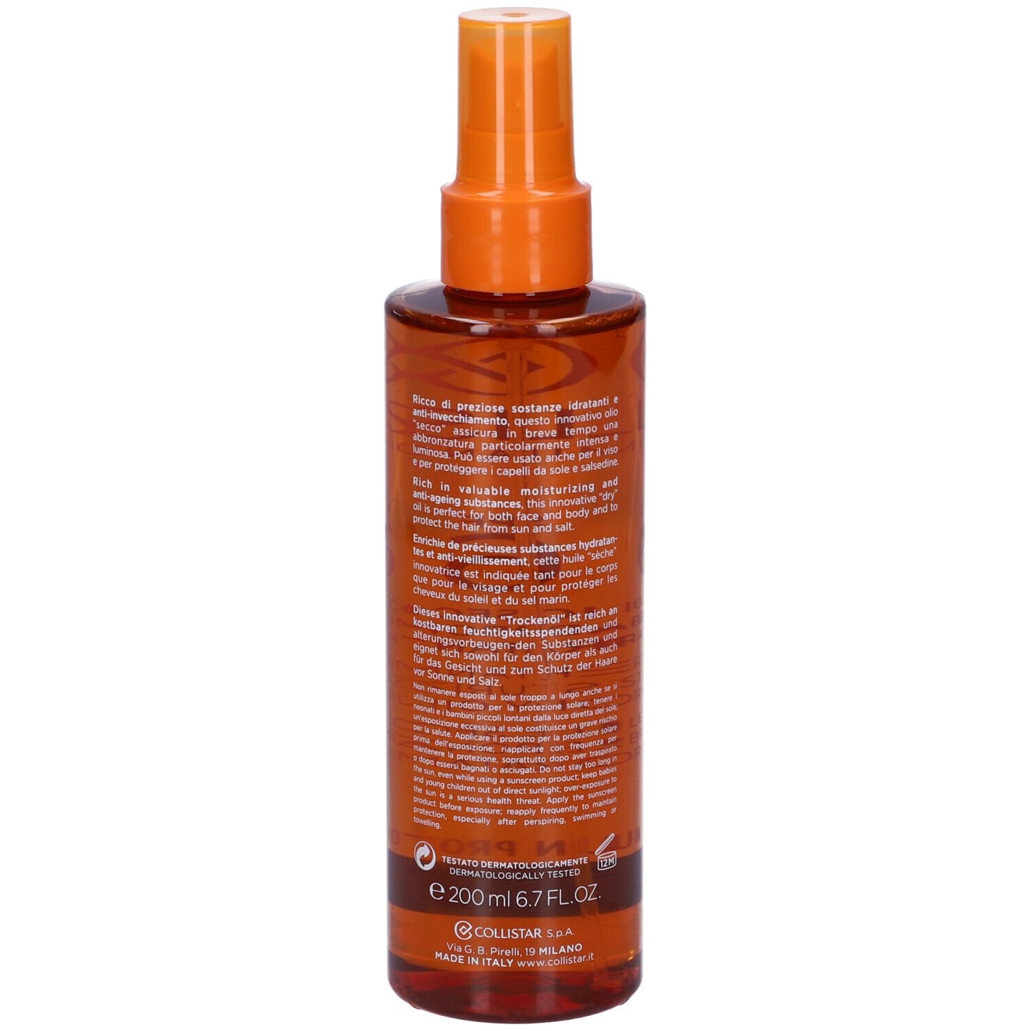 Flacone spray marrone con erogatore arancione. Retro con testo. Scritta: Collistar Milano, SPF 6, Olio Secco Superabbronzante Idratante.