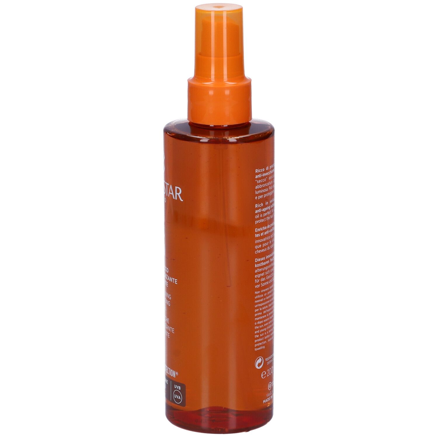 Flacone spray marrone con erogatore arancione. Retro con testo. Scritta: Collistar Milano, SPF 6, Olio Secco Superabbronzante Idratante.