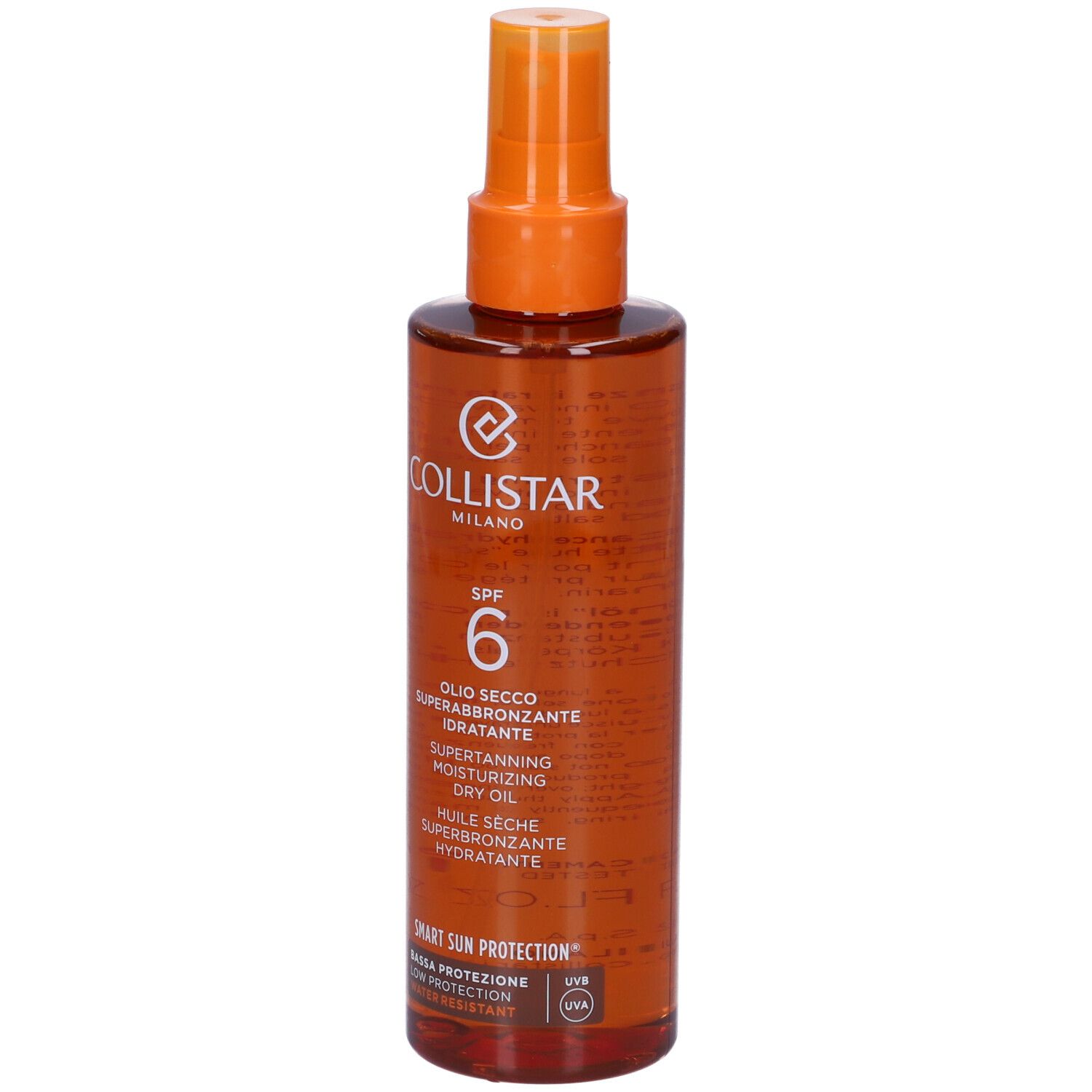 Flacone spray marrone con erogatore arancione. Scritta: Collistar Milano, SPF 6, Olio Secco Superabbronzante Idratante.
