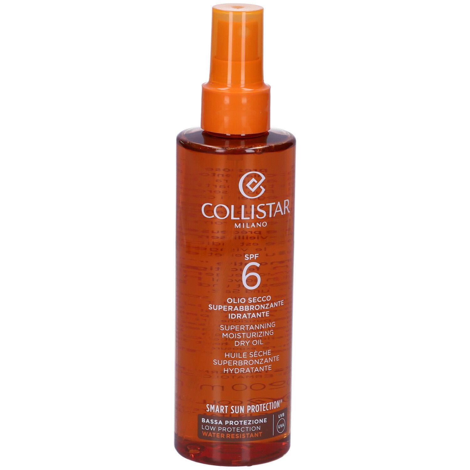 Flacone spray marrone con erogatore arancione. Scritta: Collistar Milano, SPF 6, Olio Secco Superabbronzante Idratante.