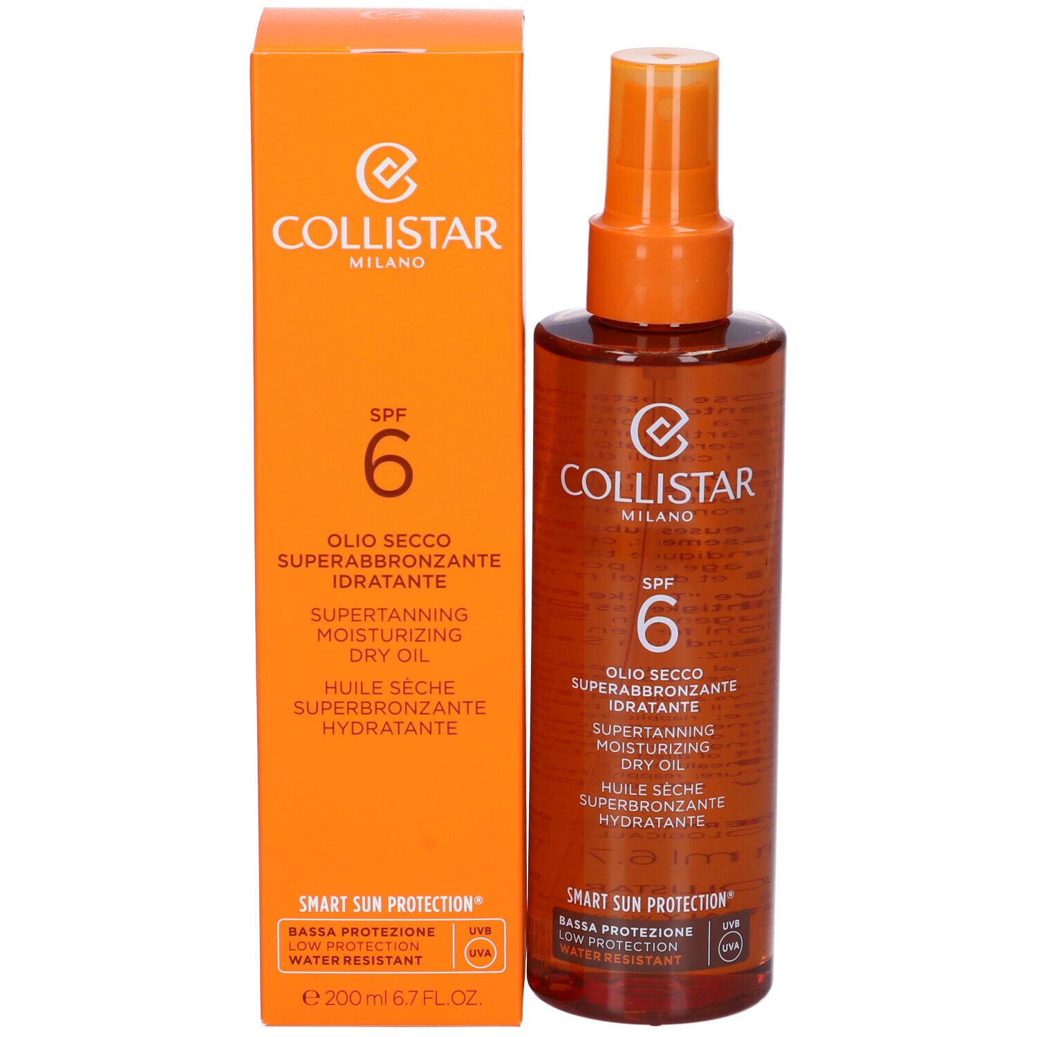 Flacone spray marrone e confezione arancione. Scritta: Collistar Milano, SPF 6, Olio Secco Superabbronzante Idratante.