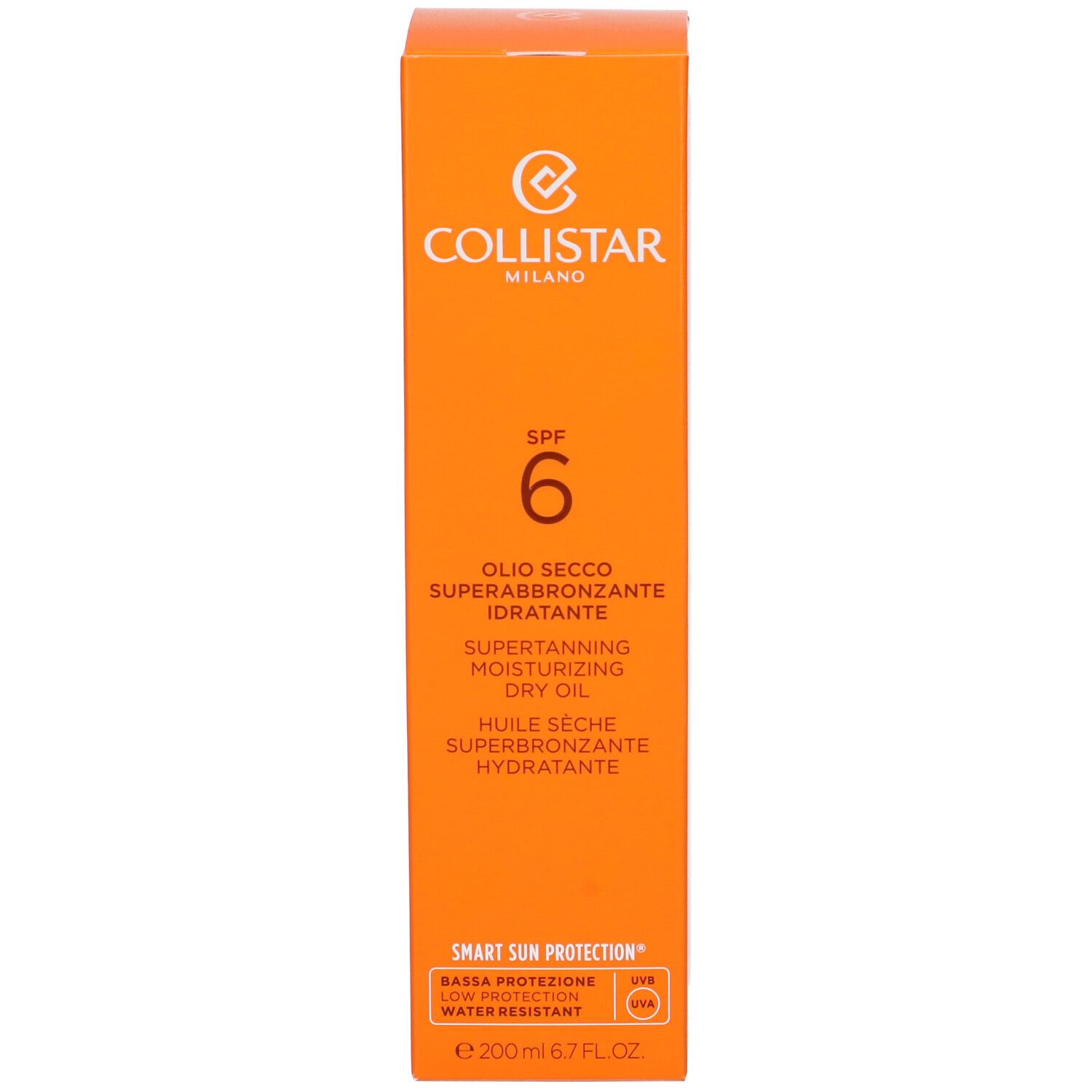 Confezione arancione. Scritta: Collistar Milano, SPF 6, Olio Secco Superabbronzante Idratante.