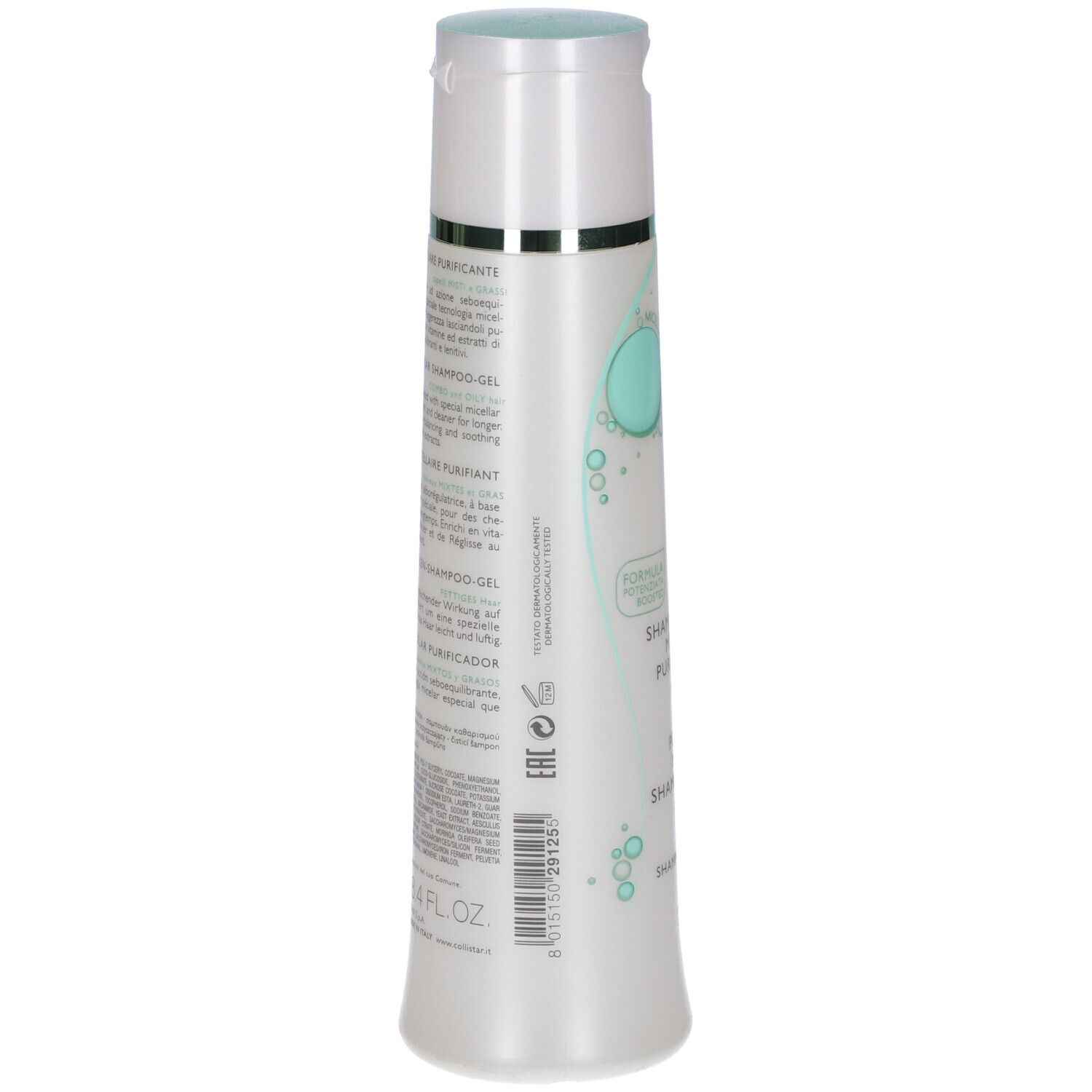 COLLISTAR Shampoo-Gel. Retro del flacone. Testo e codice a barre. Ingredienti e istruzioni in più lingue.