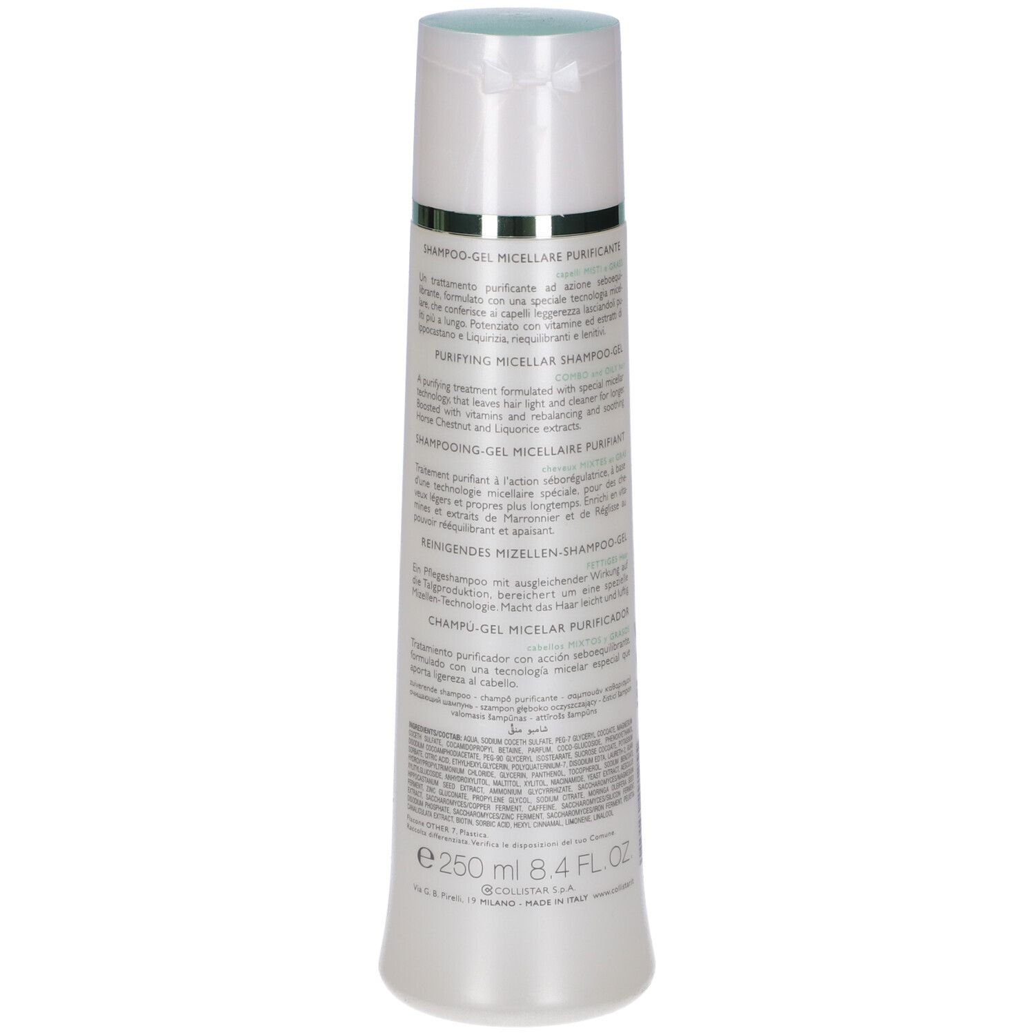 COLLISTAR Shampoo-Gel. Retro del flacone. Testo multilingue. Volume: 250 ml.