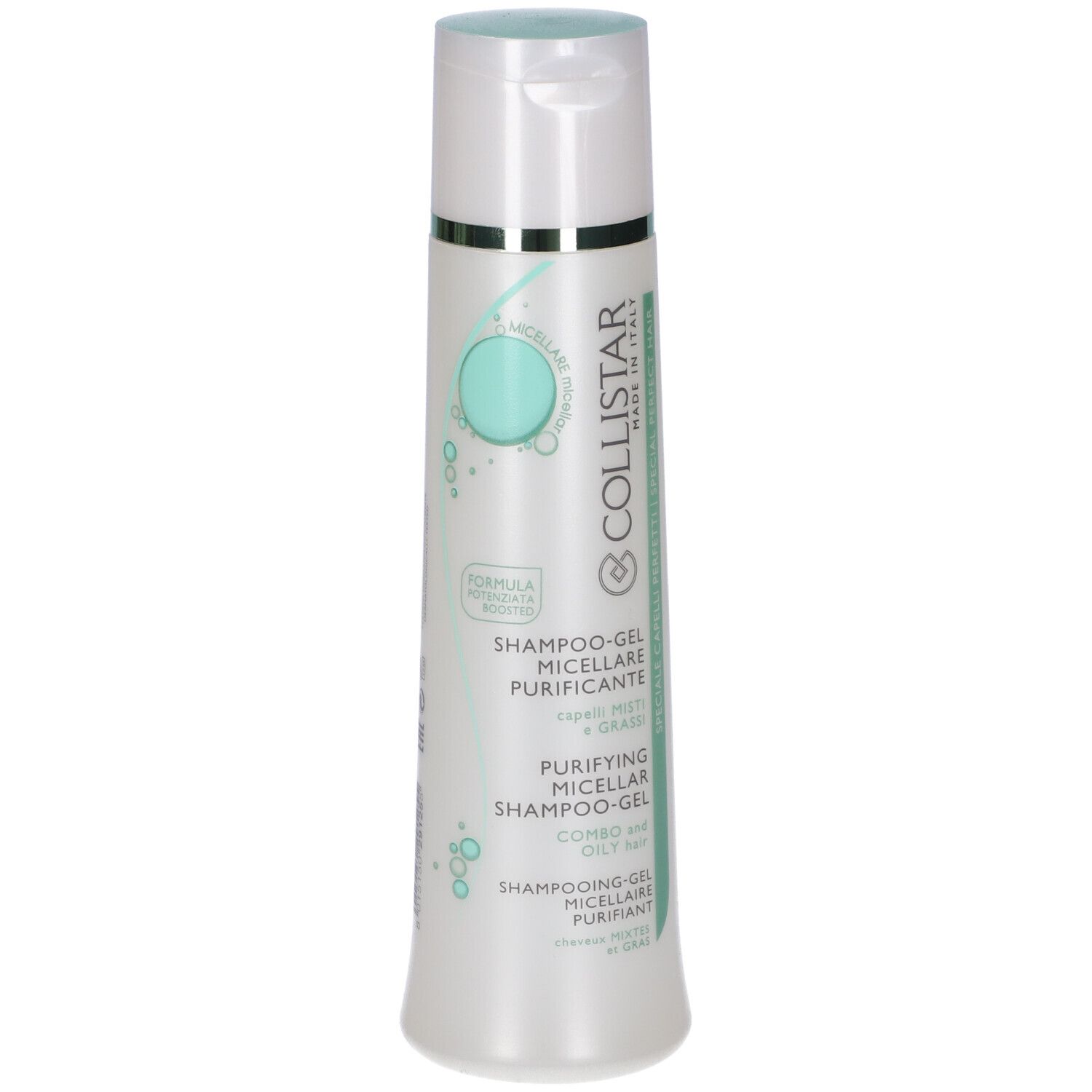 COLLISTAR Shampoo-Gel. Flacone bianco con tappo blu. Testo: Shampoo-Gel Micellare Purificante. Per capelli misti e grassi.