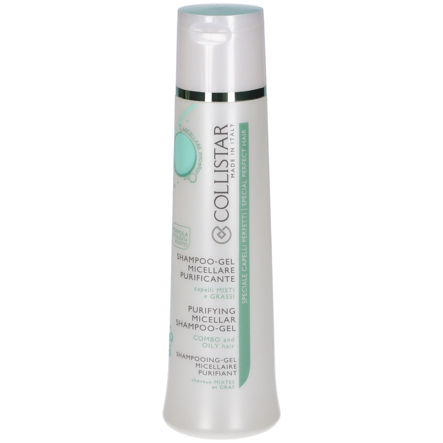 COLLISTAR Shampoo-Gel. Flacone bianco con tappo blu. Testo: Shampoo-Gel Micellare Purificante. Per capelli misti e grassi.
