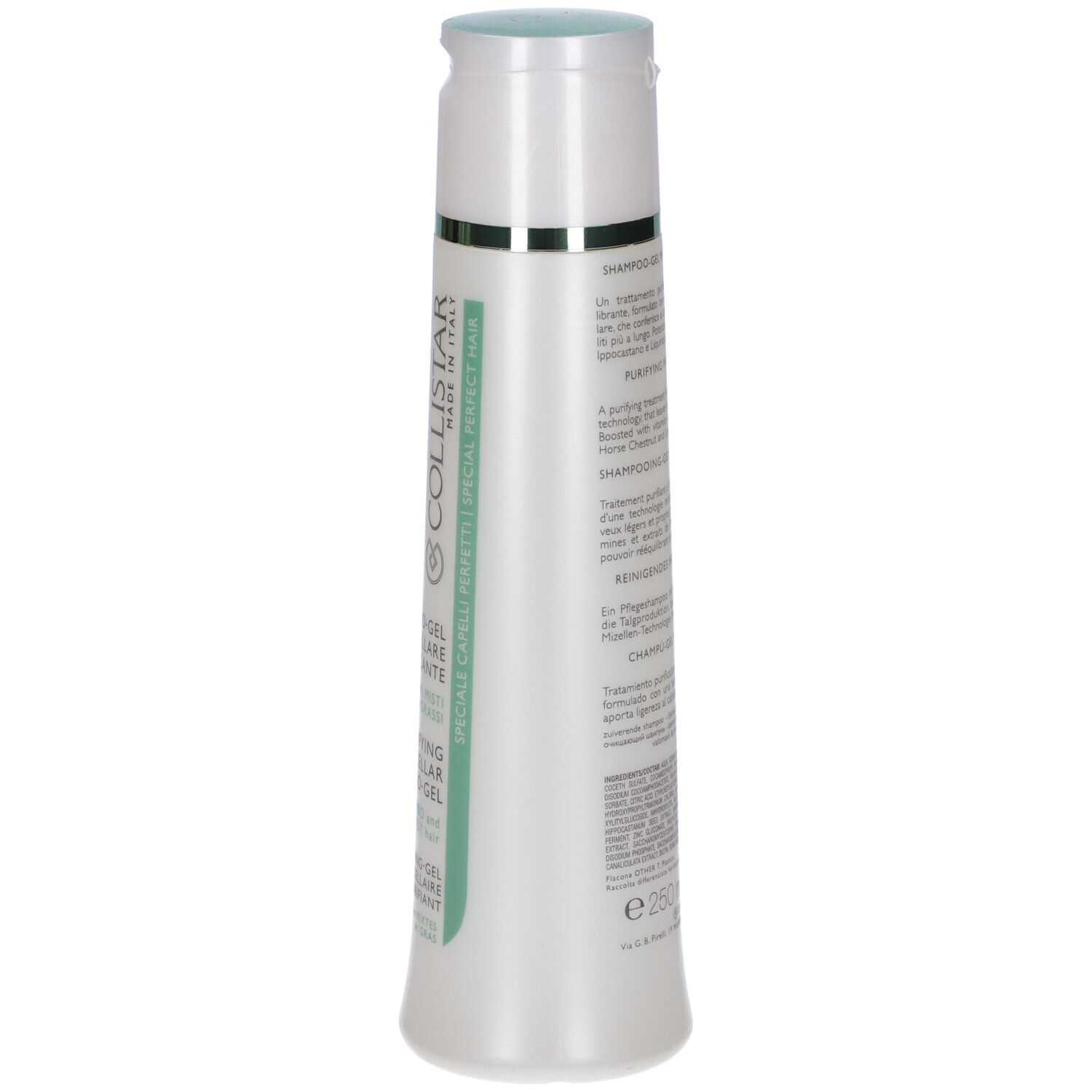 COLLISTAR Shampoo-Gel. Retro del flacone. Testo e volume: 250 ml.