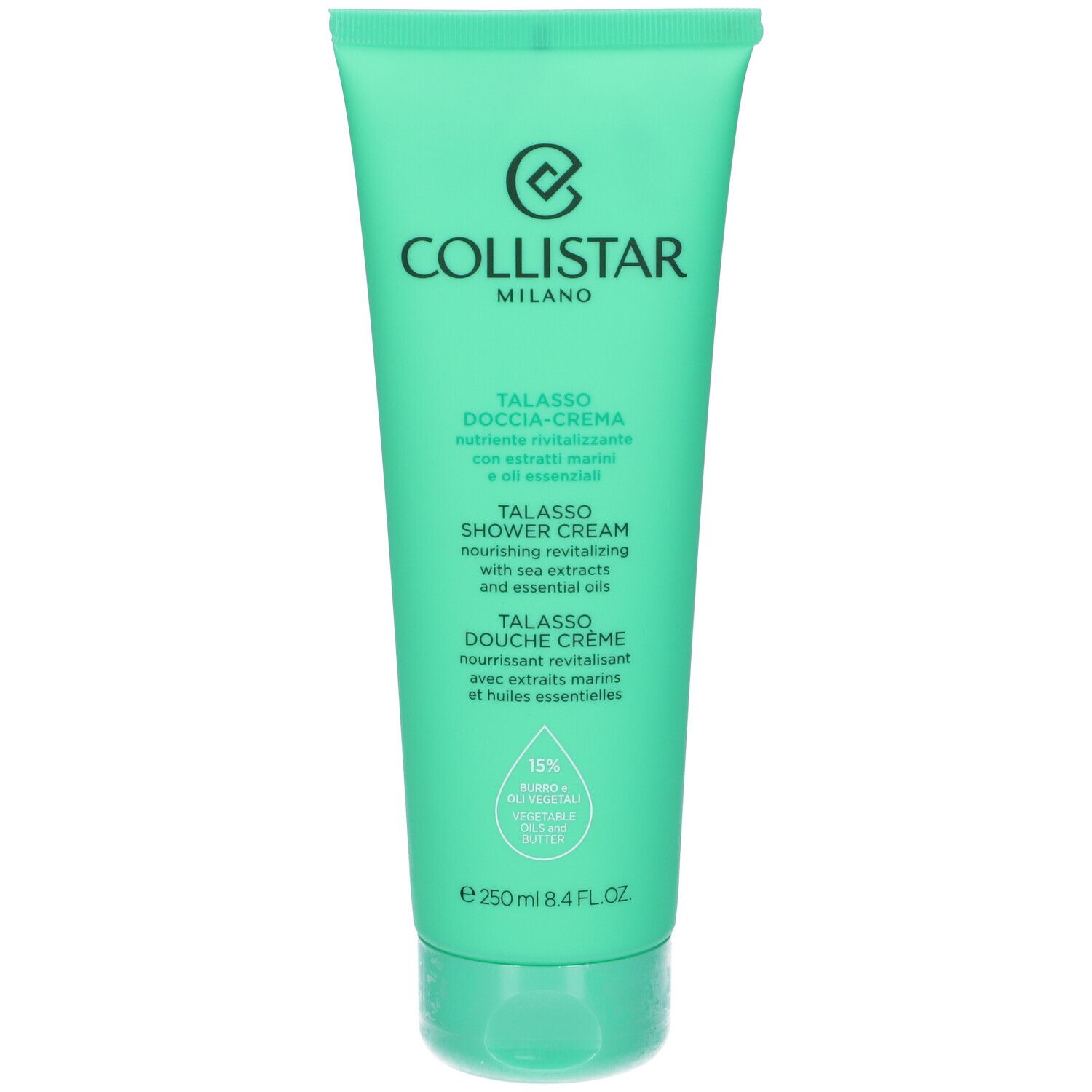 Tubo verde COLLISTAR Talasso Doccia-Crema. Testo: Talasso Shower Cream, 75% ingredienti di origine naturale.