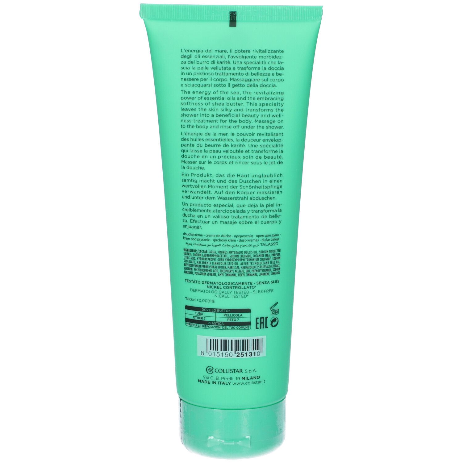 Retro del tubo verde COLLISTAR Talasso Doccia-Crema. Testo e codice a barre.