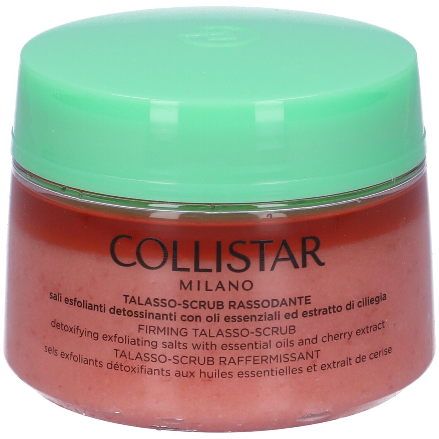 Vaso rotondo con coperchio verde. Contenuto rosa. Scritta Collistar Milano. Talasso-Scrub Rassodante.