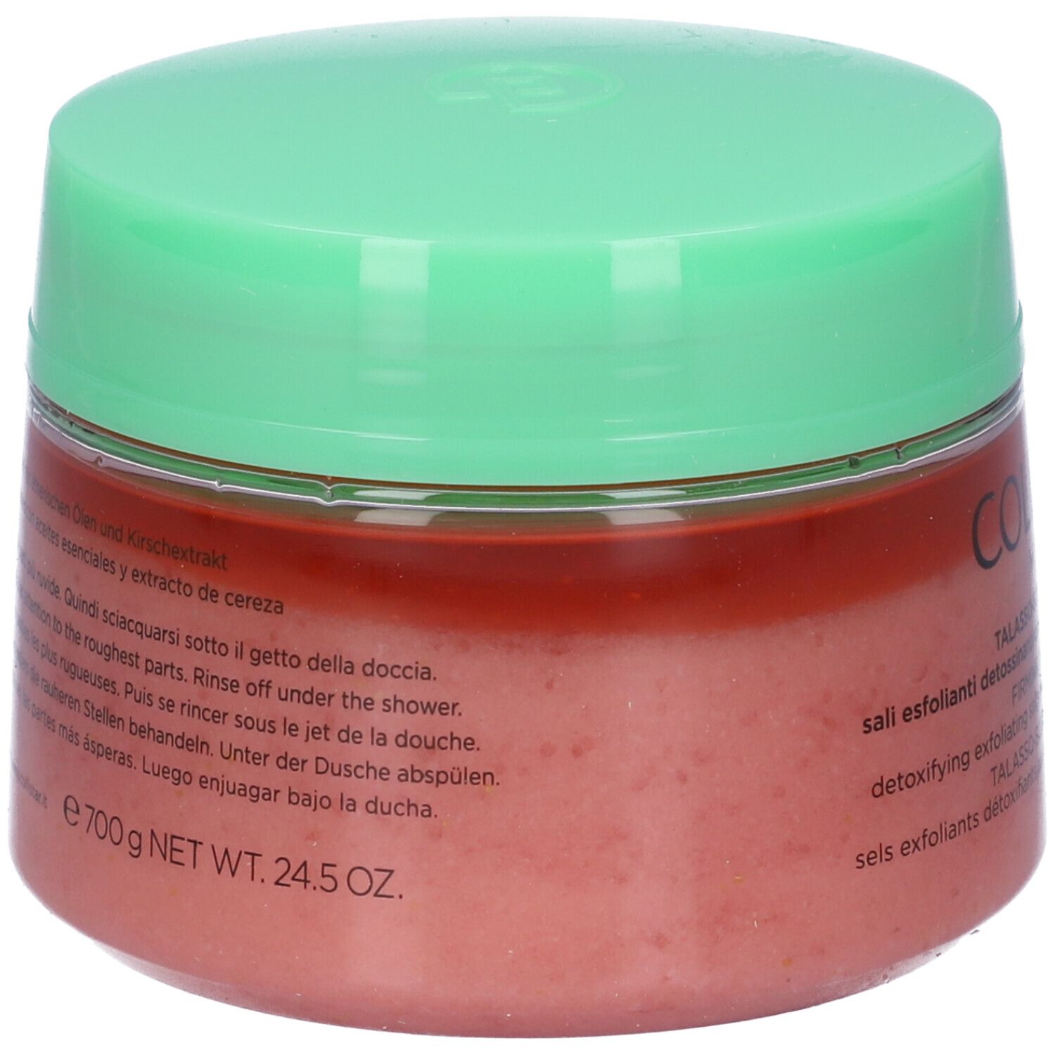 Vaso rotondo con coperchio verde. Contenuto rosa. Testo in italiano e inglese. Peso 700g.