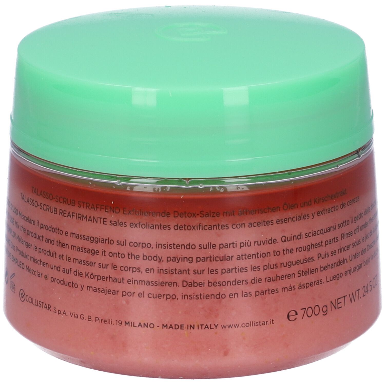 Vaso rotondo con coperchio verde. Contenuto rosa. Testo in italiano e inglese. Peso 700g.