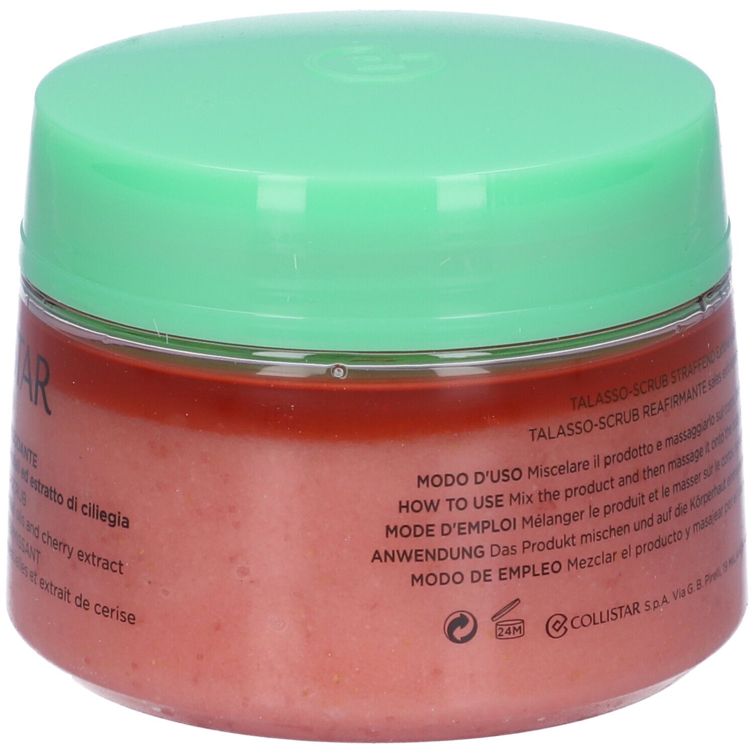 Vaso rotondo con coperchio verde. Contenuto rosa. Testo in italiano e inglese. Peso 700g.