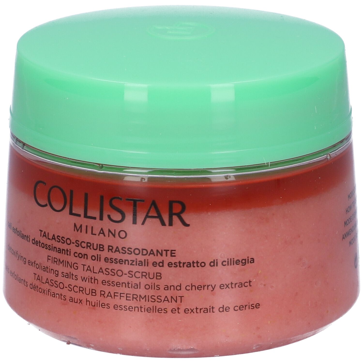 Vaso rotondo con coperchio verde. Contenuto rosa. Scritta Collistar Milano. Talasso-Scrub Rassodante.