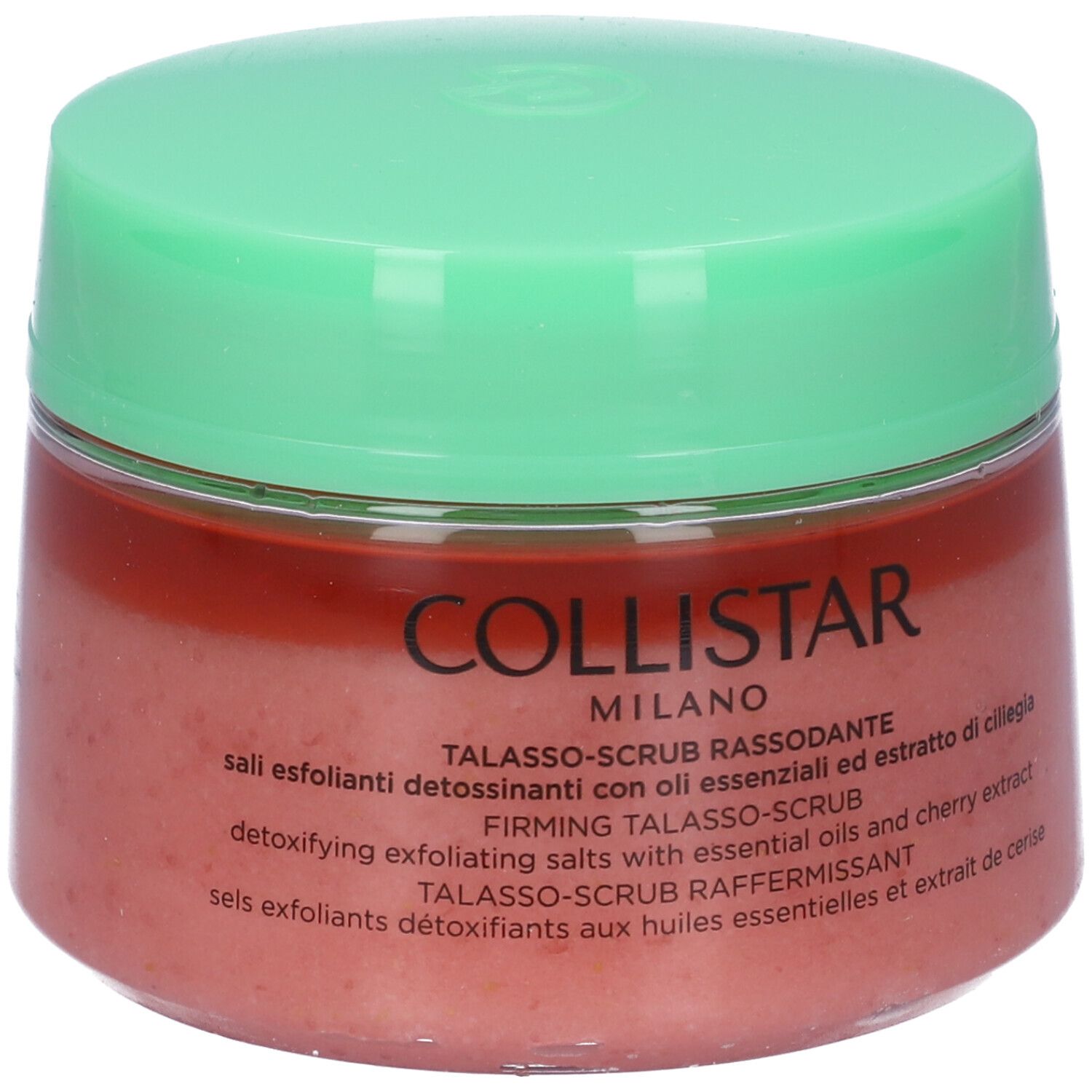 Vaso rotondo con coperchio verde. Contenuto rosa. Scritta Collistar Milano. Talasso-Scrub Rassodante.