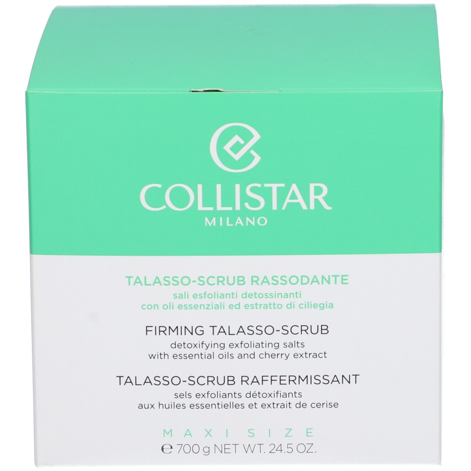 Confezione verde. Scritta Collistar Milano. Talasso-Scrub Rassodante. Maxisize. Peso 700g.