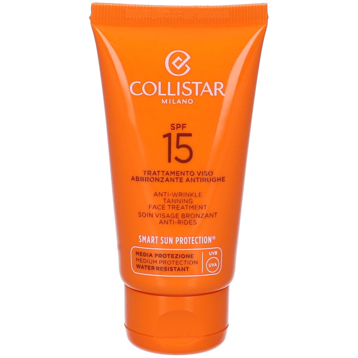 Tubo arancione Collistar, SPF 15, trattamento viso abbronzante antirughe. Resistente all'acqua.