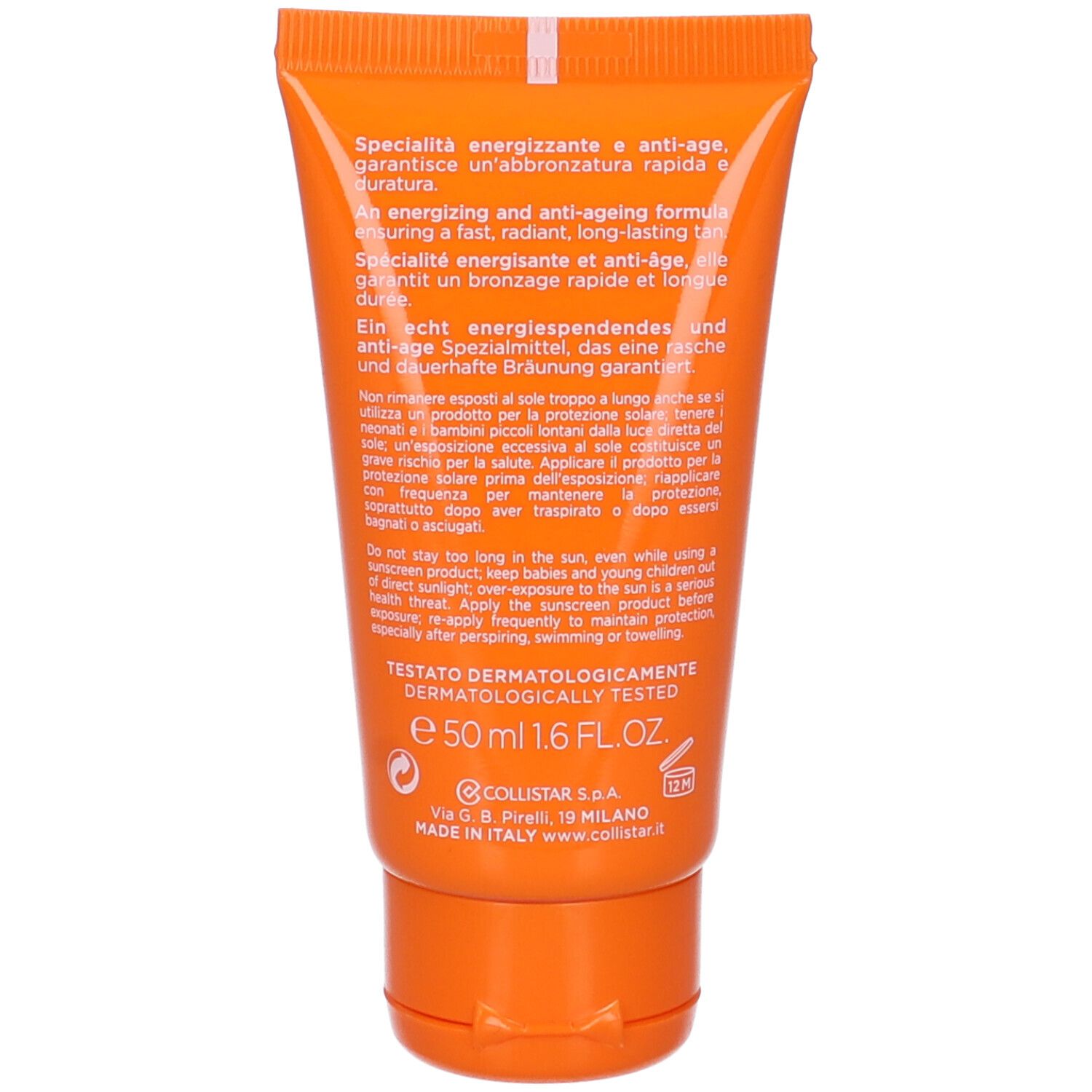 Retro del tubo arancione. Testo multilingue. Dermatologicamente testato. 50 ml.
