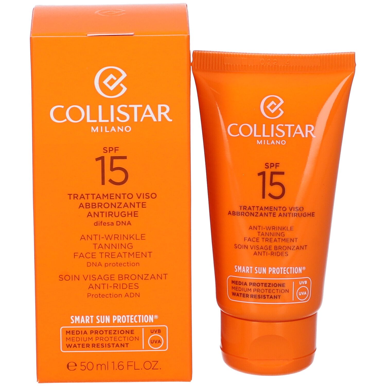 Scatola e tubo arancioni. Logo Collistar, SPF 15, trattamento viso abbronzante antirughe. 50 ml.
