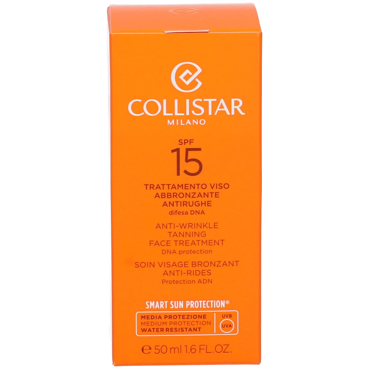 Scatola arancione. Logo Collistar, SPF 15, trattamento viso abbronzante antirughe. 50 ml.