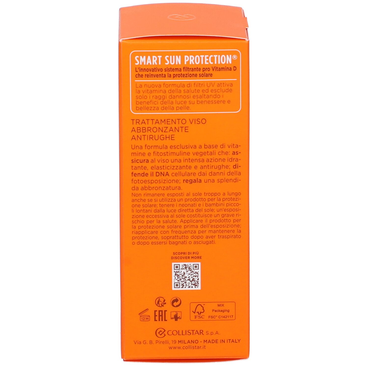 Retro della scatola arancione. Testo multilingue. Codice QR. Certificazione FSC.