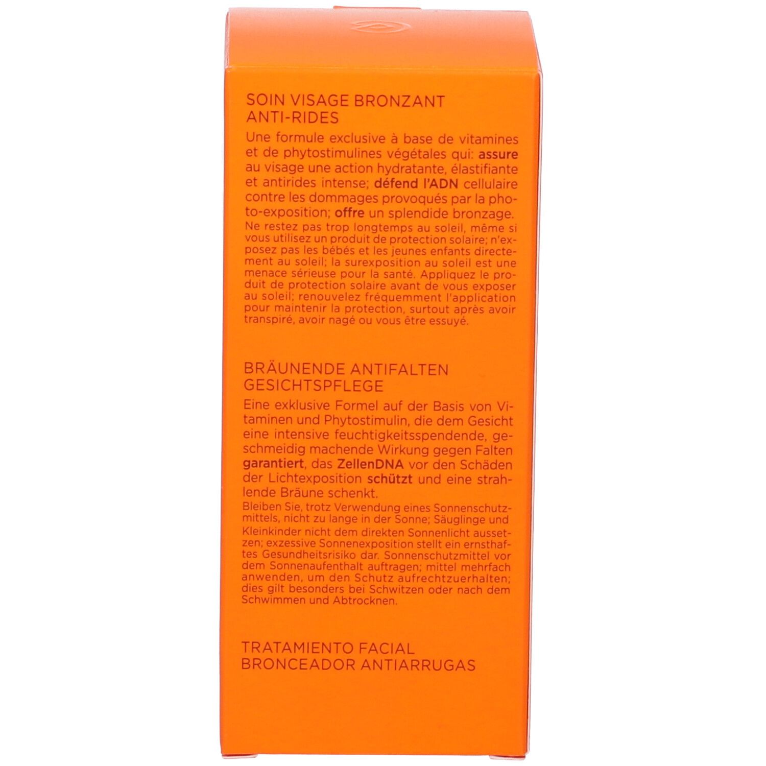 Retro della scatola arancione. Testo in tedesco e francese. Dermatologicamente testato.