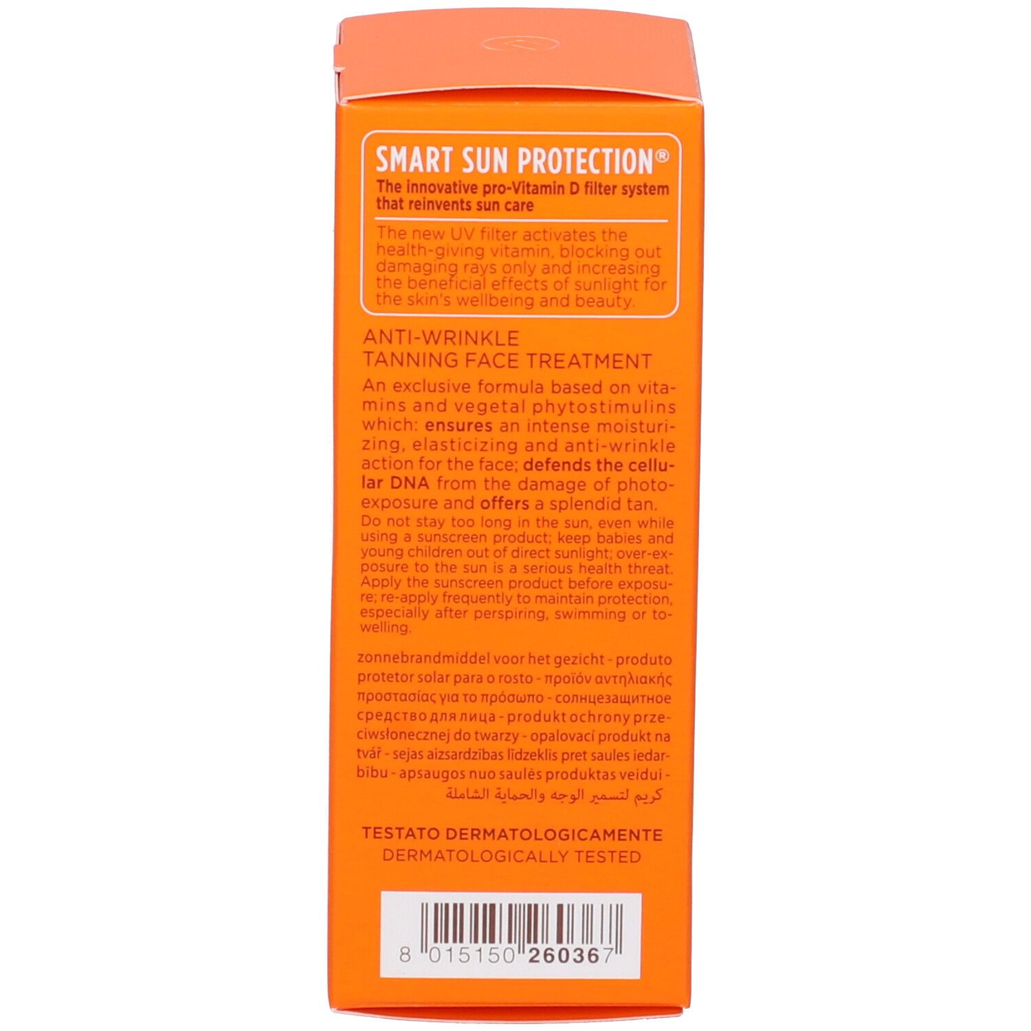 Retro della scatola arancione. Testo multilingue. Dermatologicamente testato. Codice a barre.