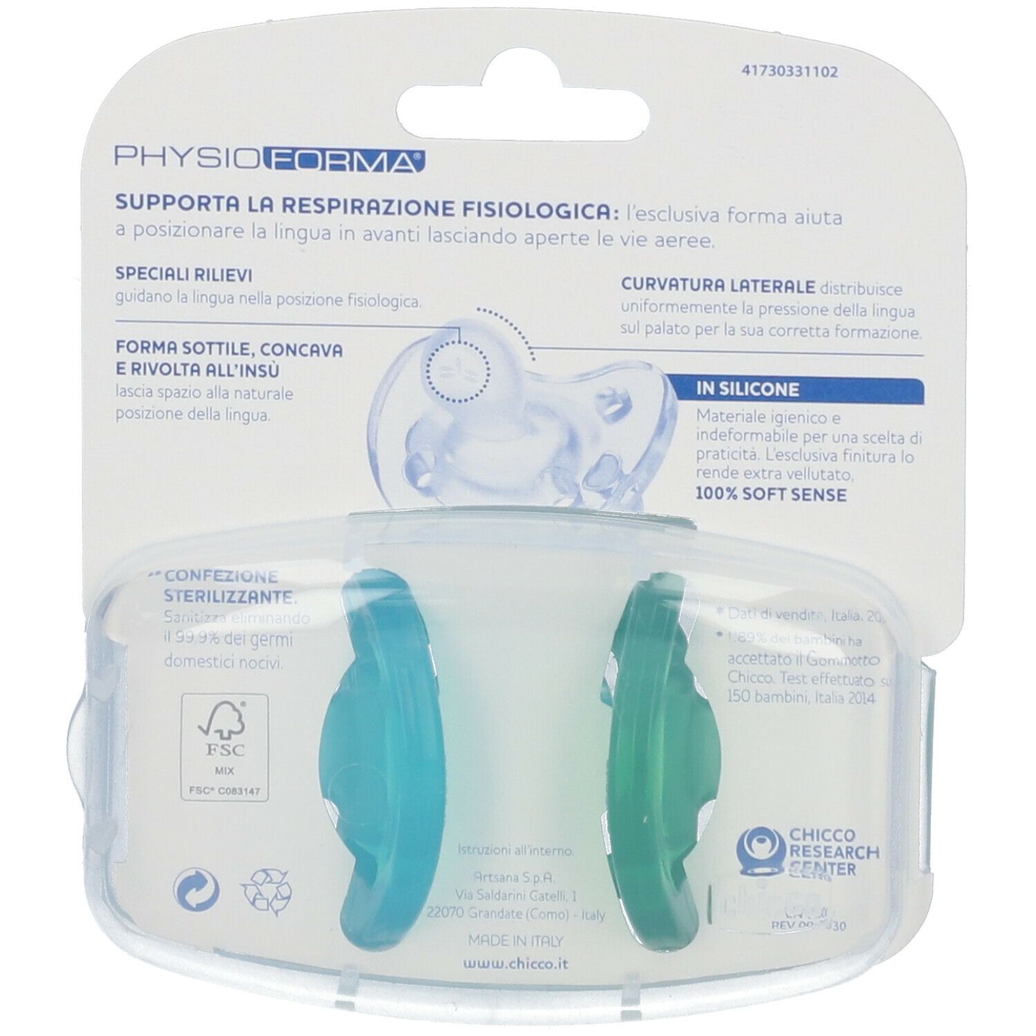 Due succhietti in silicone, blu e verde, in confezione trasparente. Informazioni sul prodotto e logo.