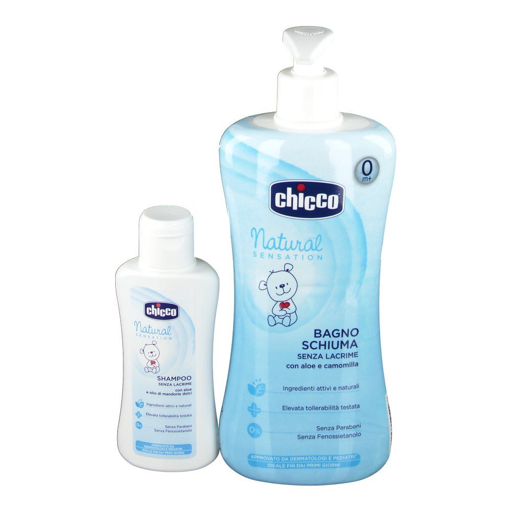 Due prodotti per l'igiene del bambino. Una grande bottiglia blu con pompa e una piccola bottiglia bianca. Entrambi con etichette.