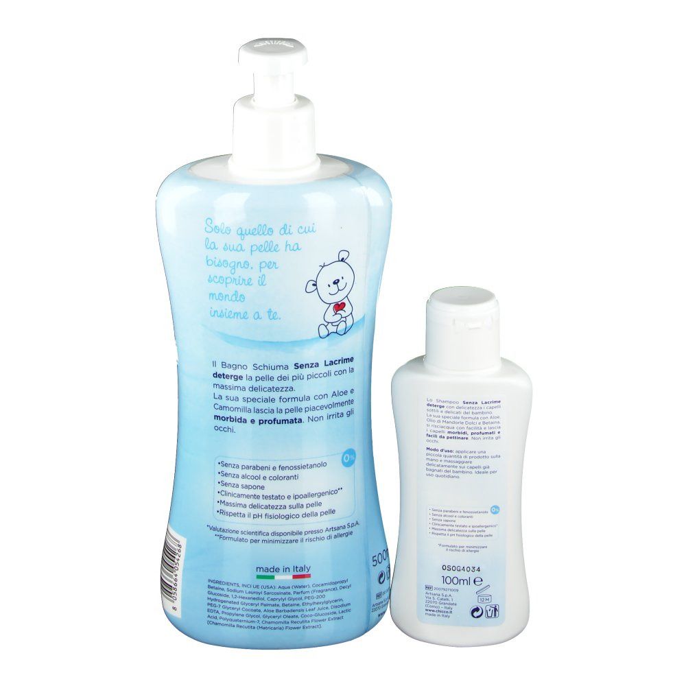 Retro di due bottiglie. Grande bottiglia blu con testo e piccola bottiglia bianca. Entrambe con etichette.