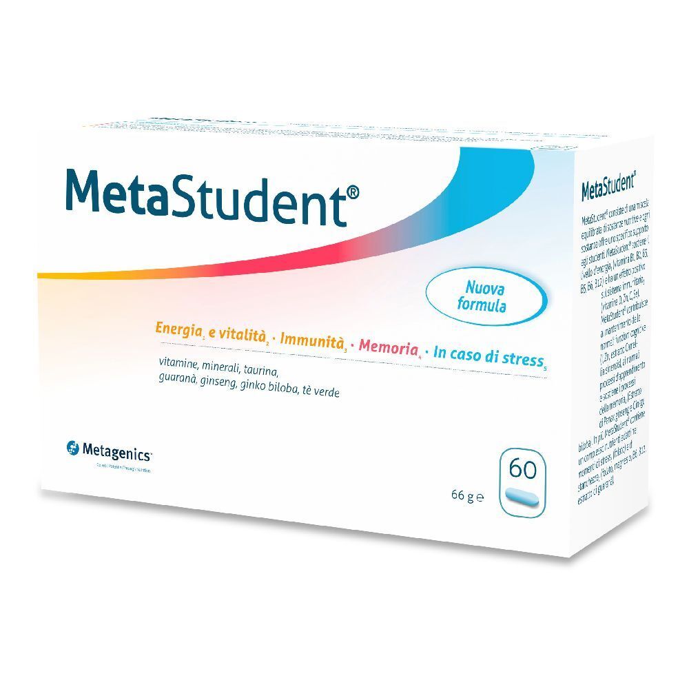 Confezione MetaStudent. Scatola bianca con grafica blu e rossa. Contiene 60 compresse. Logo Metagenics.