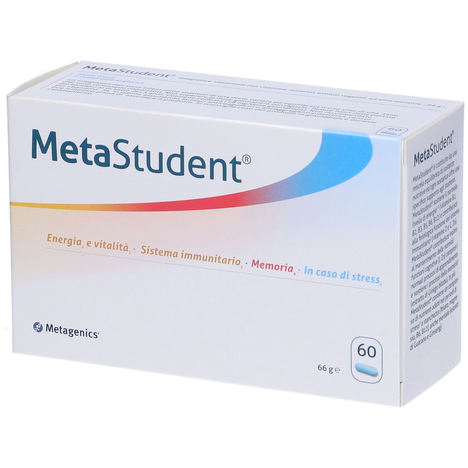 Confezione MetaStudent. Scatola bianca con grafica blu e gialla. Contiene 60 compresse. Logo Metagenics.