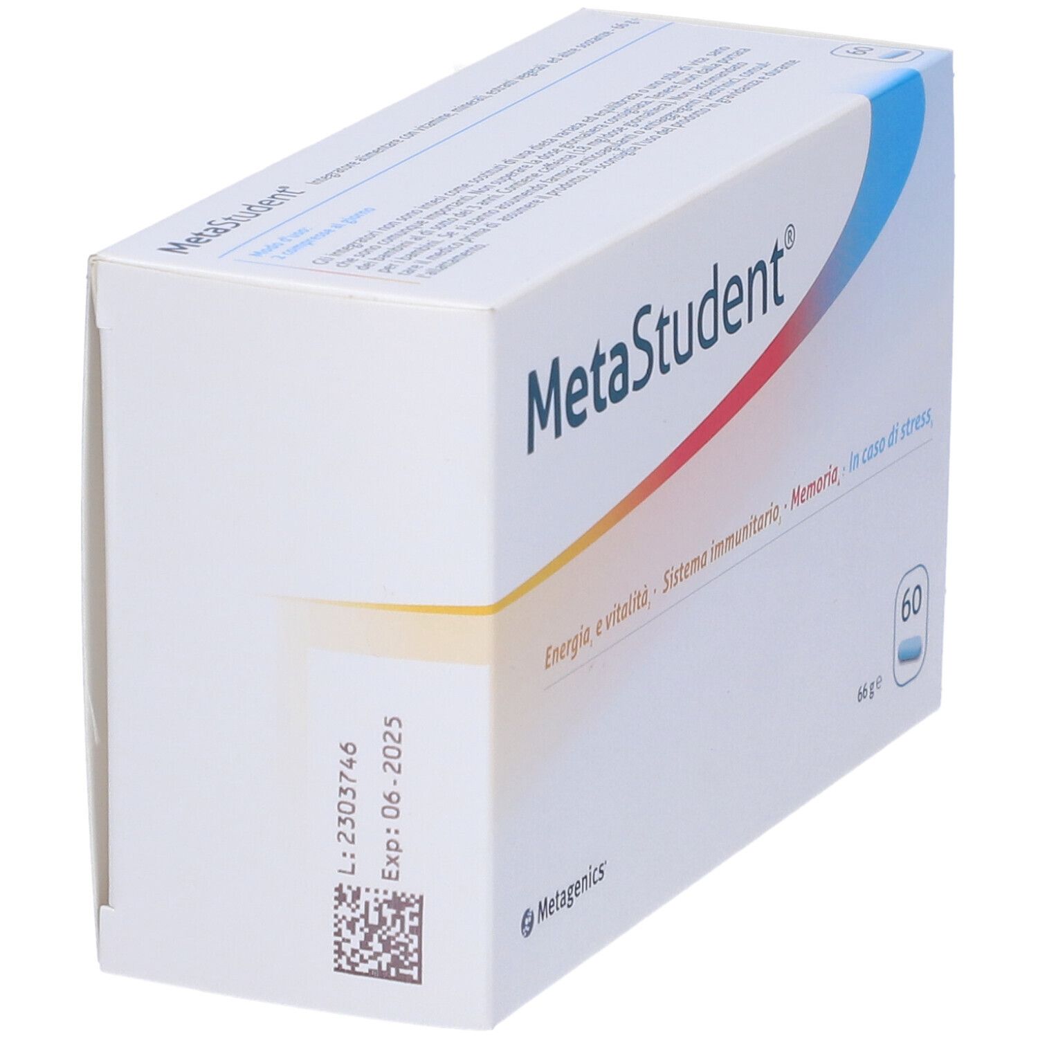 Confezione MetaStudent. Scatola bianca con grafica blu. Contiene 60 compresse. Data di scadenza stampata.