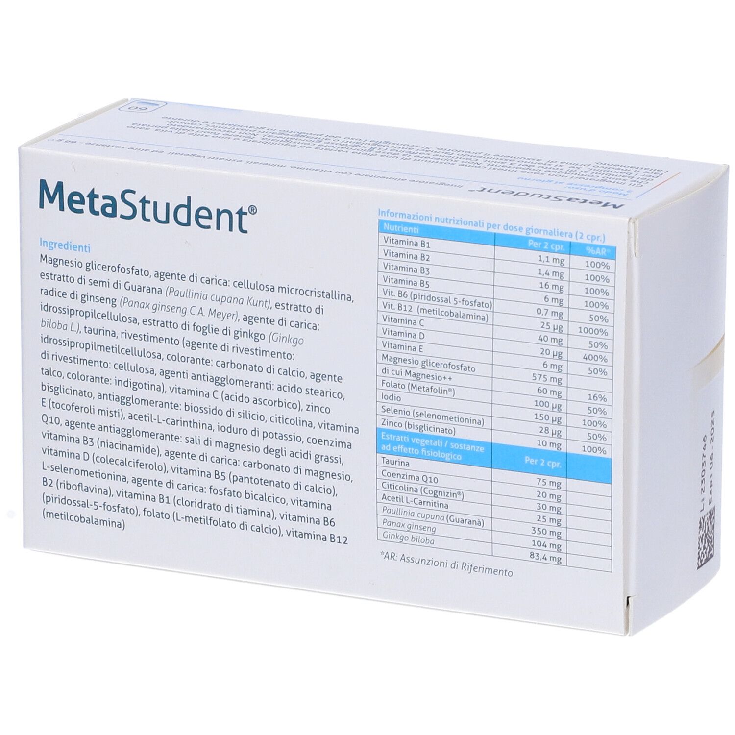 Confezione MetaStudent, retro con ingredienti e informazioni nutrizionali. Logo Metagenics.