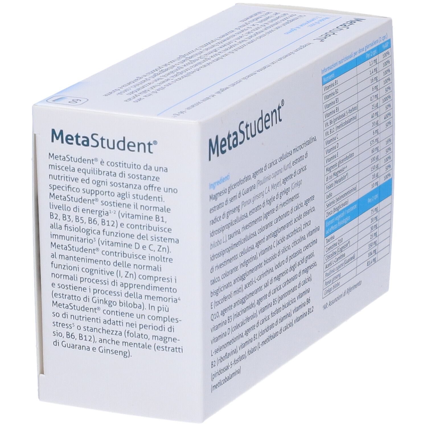Confezione MetaStudent, testo sugli ingredienti e l'uso. Logo Metagenics.