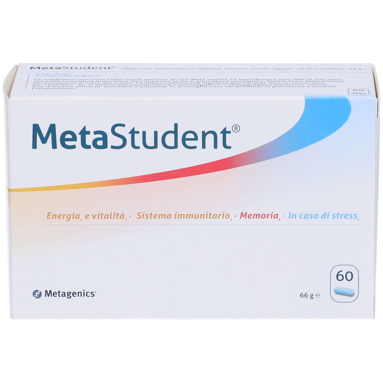 Confezione MetaStudent. Scatola bianca con grafica blu e rossa. Contiene 60 compresse. Logo Metagenics.