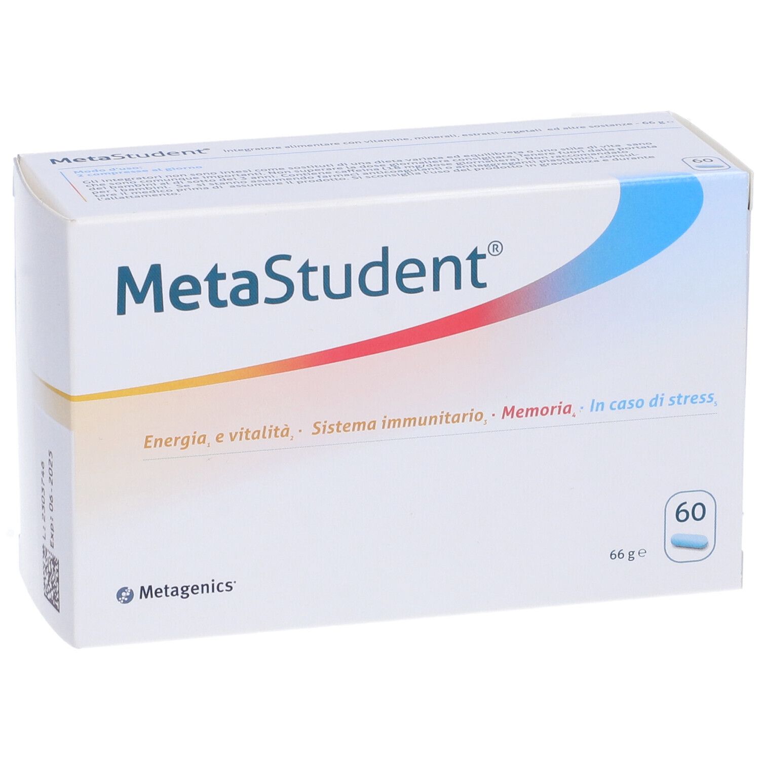 Confezione MetaStudent. Scatola bianca con grafica blu e rossa. Contiene 60 compresse. Logo Metagenics.