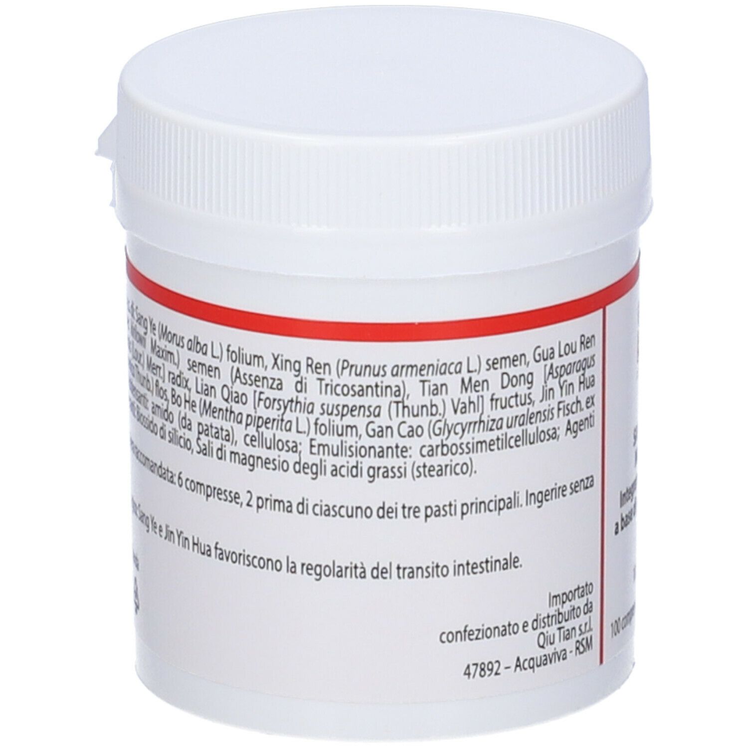 Flacone bianco con etichetta rossa. Scritta: ingredienti e dosaggio. Marchio: Qiu Tian.